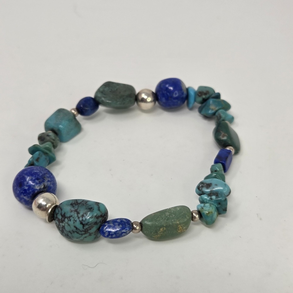 Shube Dakota West Chunky Turquoise Lapis Lazuli Sterling Silver Stretch Bracelet - Picture 8 of 8